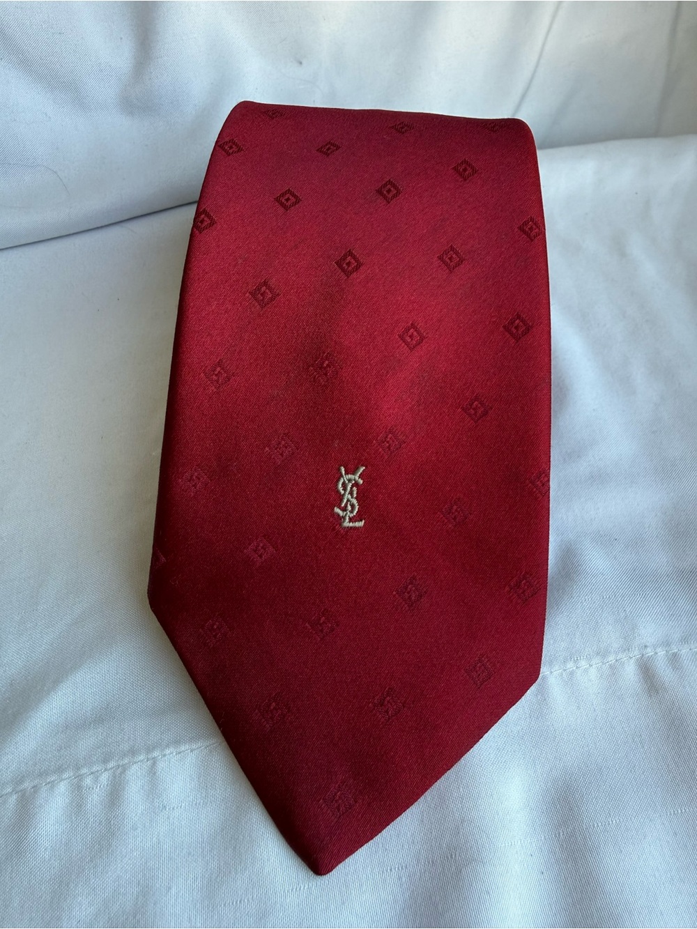 Yves Saint Laurent Deep Red Silk Tie with Subtle Diamond Motif
